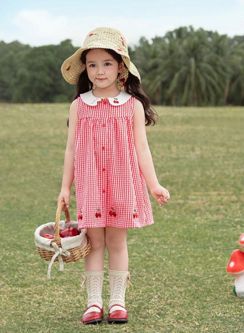 Yoehyaul Girls Gingham Cotton Dress with Cherry Embroidery and Peter Pan Collar  - Image 1