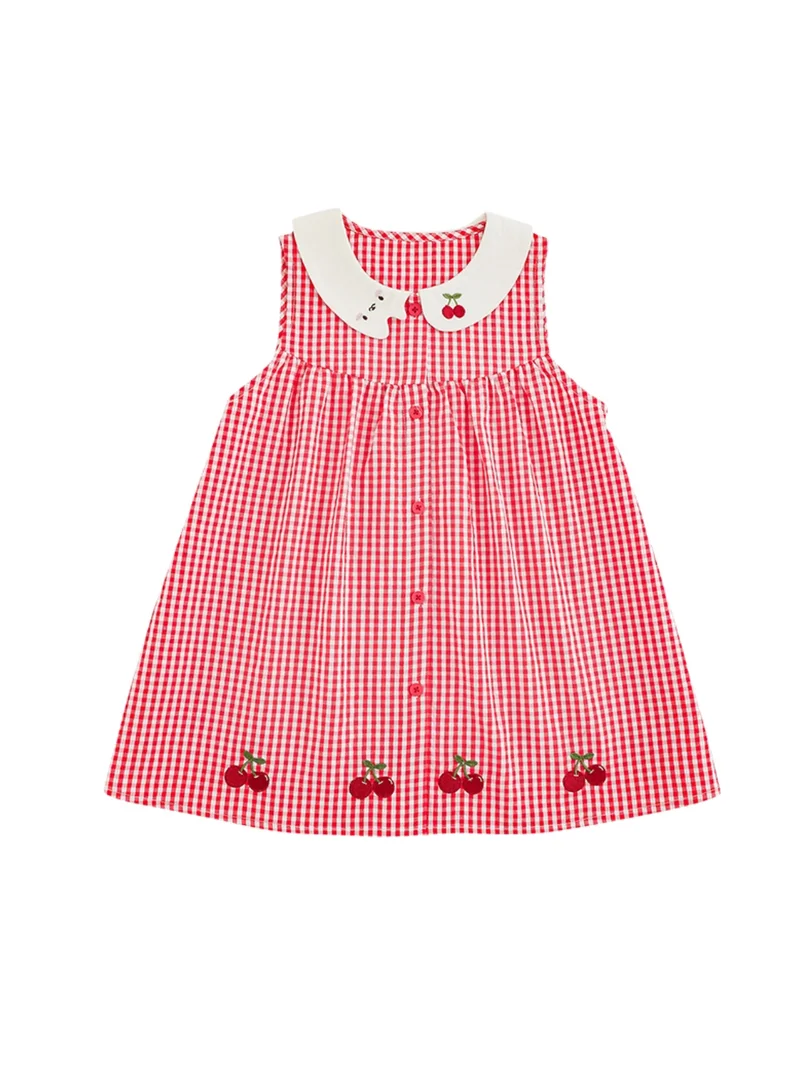 Yoehyaul Girls Gingham Cotton Dress with Cherry Embroidery and Peter Pan Collar