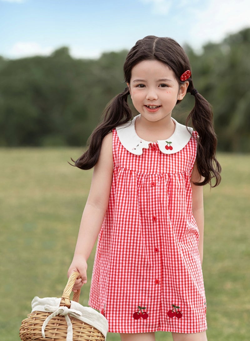 Yoehyaul Girls Gingham Cotton Dress with Cherry Embroidery and Peter Pan Collar  - Image 2