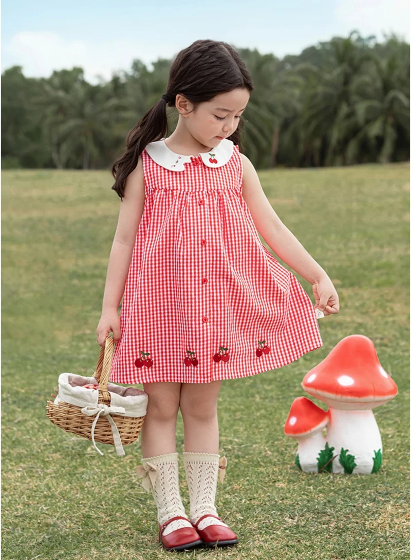 Yoehyaul Girls Gingham Cotton Dress with Cherry Embroidery and Peter Pan Collar