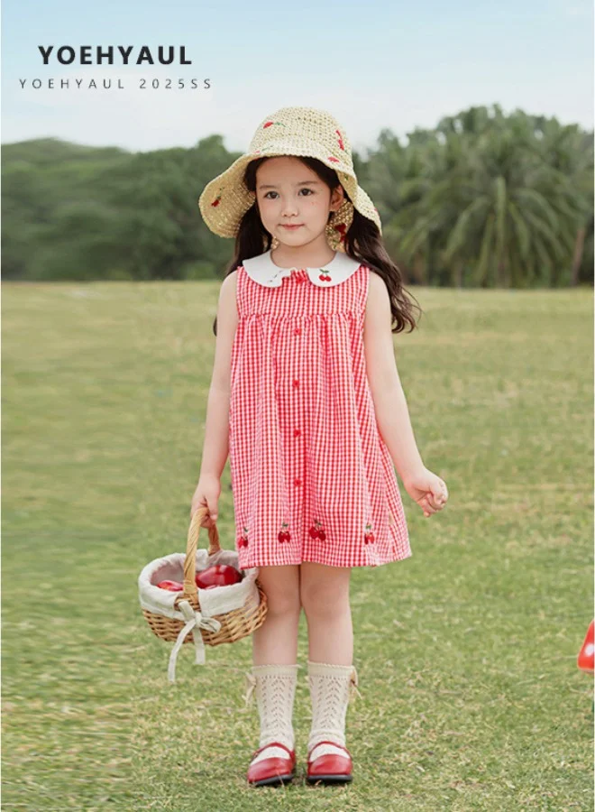 Yoehyaul Girls Gingham Cotton Dress with Cherry Embroidery and Peter Pan Collar