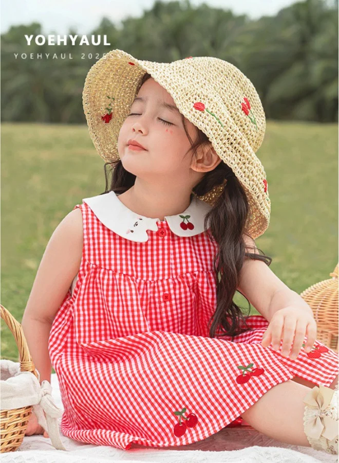 Yoehyaul Girls Gingham Cotton Dress with Cherry Embroidery and Peter Pan Collar
