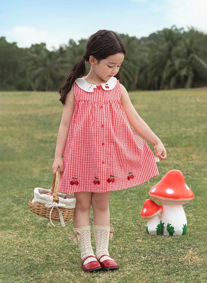 Yoehyaul Girls Gingham Cotton Dress with Cherry Embroidery and Peter Pan Collar
