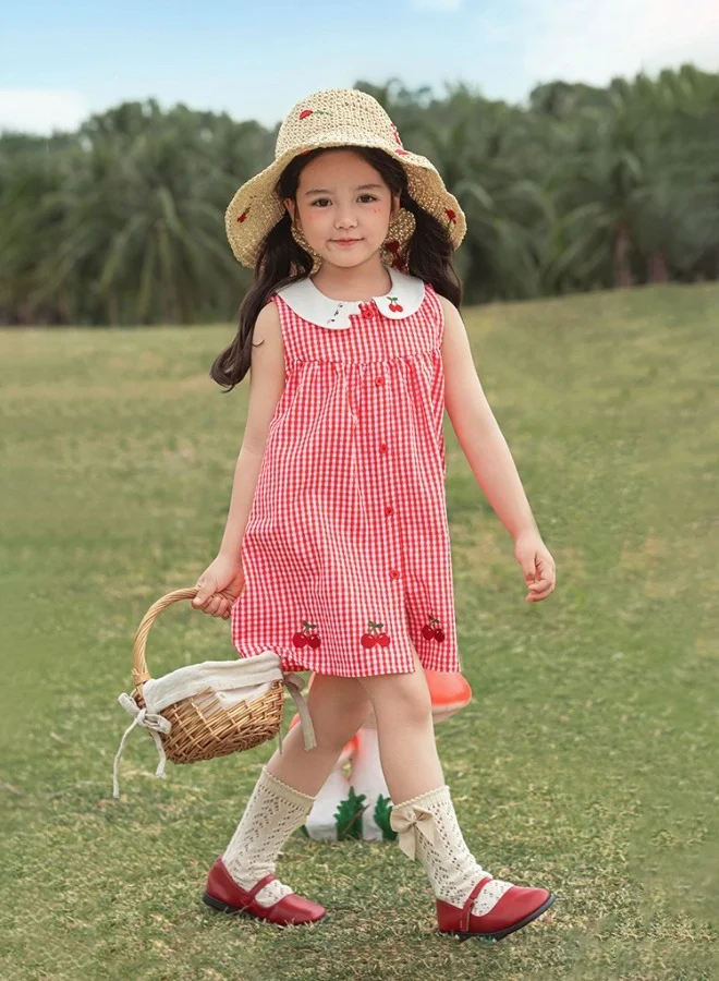 Yoehyaul Girls Gingham Cotton Dress with Cherry Embroidery and Peter Pan Collar