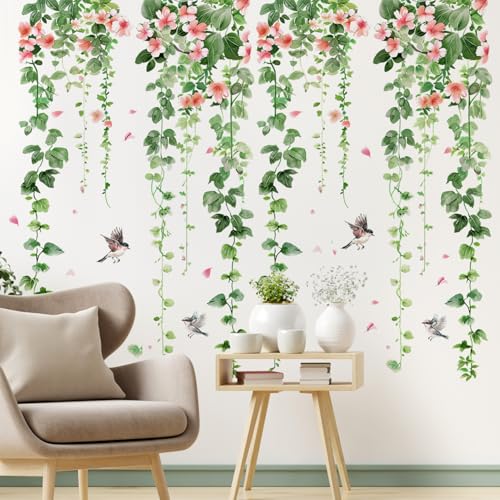 DTLIFEK 4 Sheets Green Plants Flower Wall Decals Hanging Vine Green Leaves Wall Stickers Watercolor Pink Flowers Wall Art Nature Removable Peel and Stick Wallpaper for Kids Bedroom Nursery Home Decoration 21 - Image 1