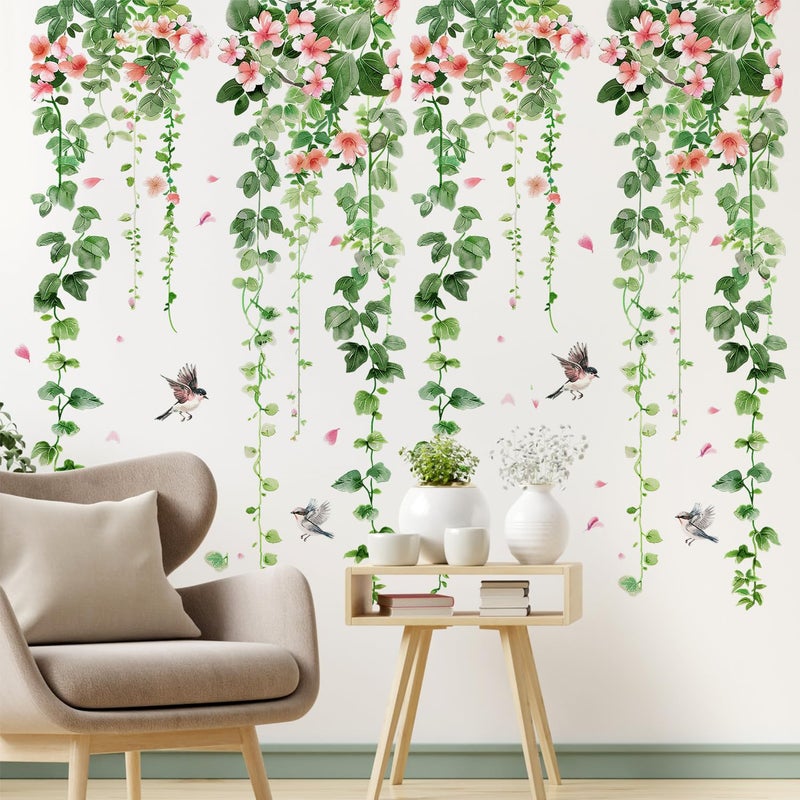 DTLIFEK 4 Sheets Green Plants Flower Wall Decals Hanging Vine Green Leaves Wall Stickers Watercolor Pink Flowers Wall Art Nature Removable Peel and Stick Wallpaper for Kids Bedroom Nursery Home Decoration 21 - Image 2