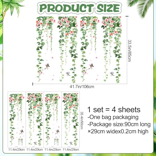 DTLIFEK 4 Sheets Green Plants Flower Wall Decals Hanging Vine Green Leaves Wall Stickers Watercolor Pink Flowers Wall Art Nature Removable Peel and Stick Wallpaper for Kids Bedroom Nursery Home Decoration 21 - Image 3