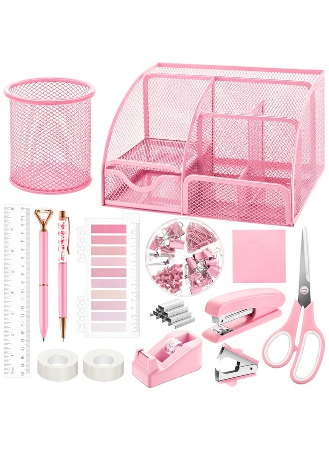 Fayoo 11 Pcs Pink Office Supplies Set Mesh Desk Organizer Accessories Kit Include Stapler Tape Dispenser Staple Remover Clips Ruler Scissors Sticky Notes For Office School Home Women (Pink) - Image 1