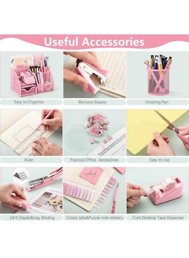 Fayoo 11 Pcs Pink Office Supplies Set Mesh Desk Organizer Accessories Kit Include Stapler Tape Dispenser Staple Remover Clips Ruler Scissors Sticky Notes For Office School Home Women (Pink) - Image 4