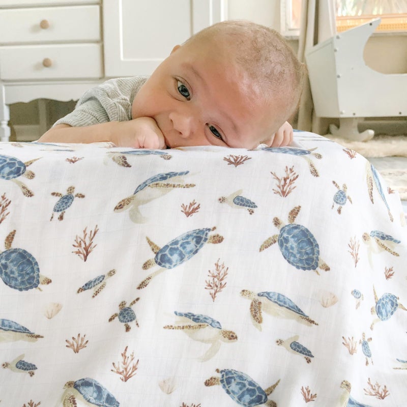 LifeTree Muslin Swaddle Blankets, Baby Swaddling Wrap Nursery Receiving Blanket for Boys & Girls, Soft 70% Viscose from Bamboo and 30% Cotton, Large 47 x 47 inches, Sea Turtle & Solid Colors - Image 3
