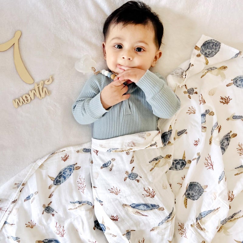 LifeTree Muslin Swaddle Blankets, Baby Swaddling Wrap Nursery Receiving Blanket for Boys & Girls, Soft 70% Viscose from Bamboo and 30% Cotton, Large 47 x 47 inches, Sea Turtle & Solid Colors - Image 2