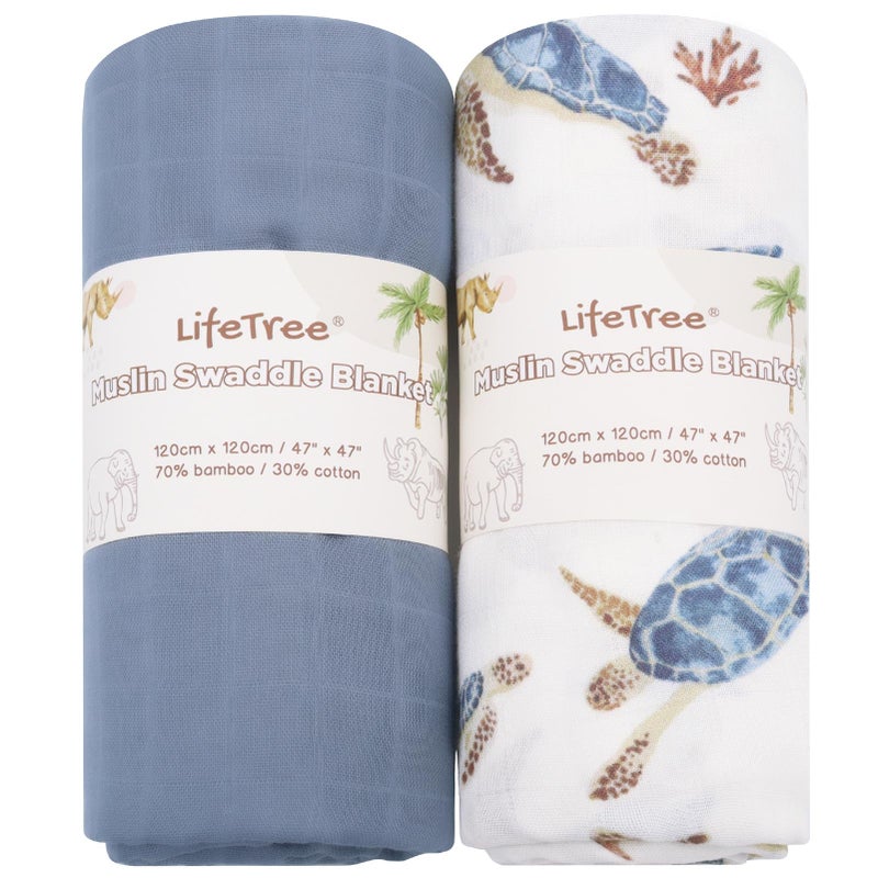 LifeTree Muslin Swaddle Blankets, Baby Swaddling Wrap Nursery Receiving Blanket for Boys & Girls, Soft 70% Viscose from Bamboo and 30% Cotton, Large 47 x 47 inches, Sea Turtle & Solid Colors - Image 1