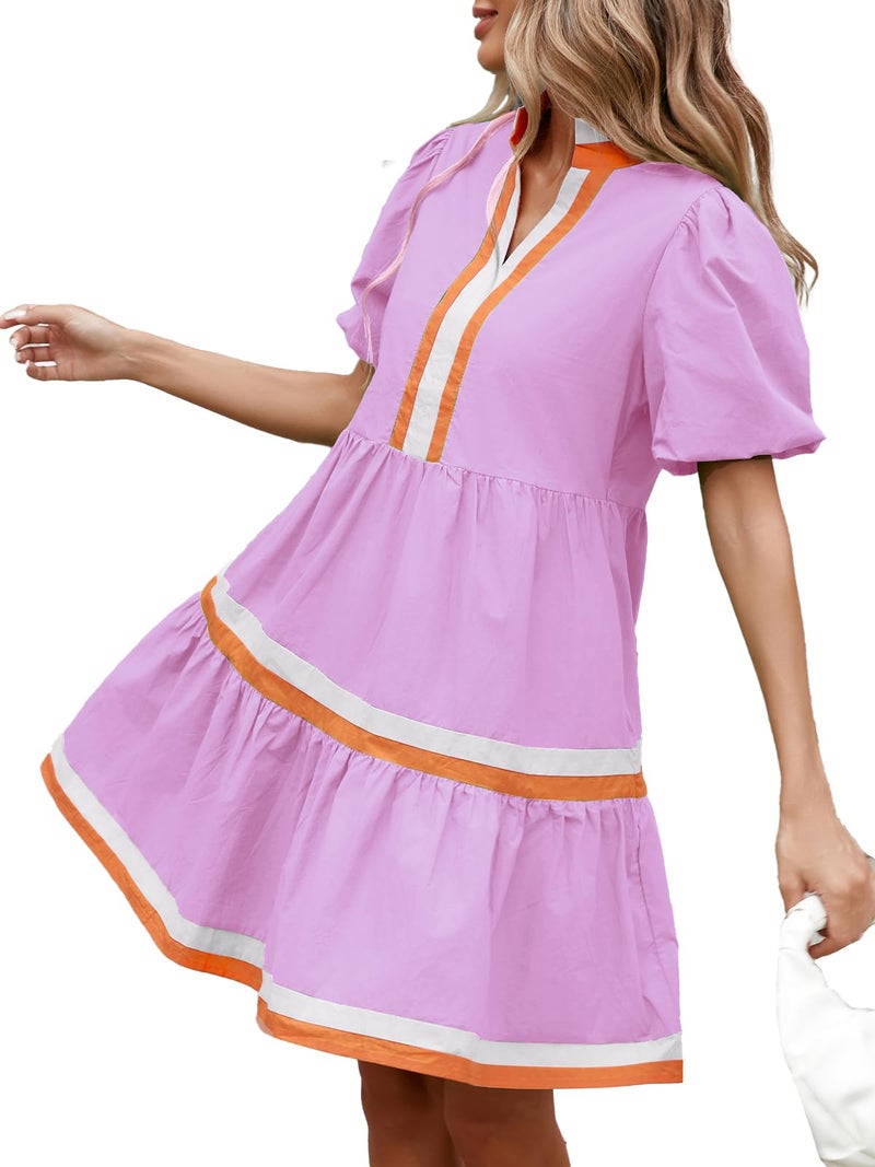LifeShe Womens Puff Sleeve Babydoll Dress V Neck Navy Blue Striped Color Block Tiered Mini Dresses - Image 1