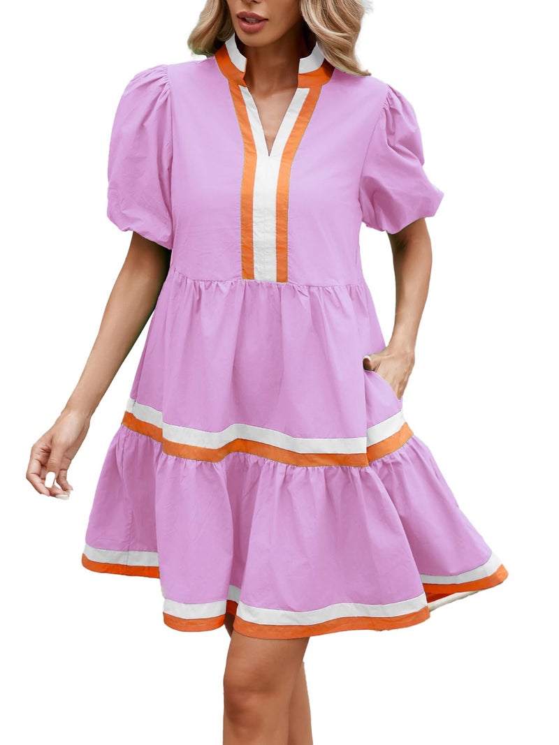 LifeShe Womens Puff Sleeve Babydoll Dress V Neck Navy Blue Striped Color Block Tiered Mini Dresses - Image 2