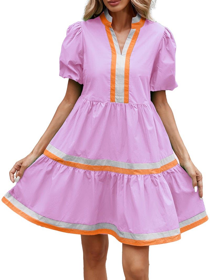 LifeShe Womens Puff Sleeve Babydoll Dress V Neck Navy Blue Striped Color Block Tiered Mini Dresses - Image 4
