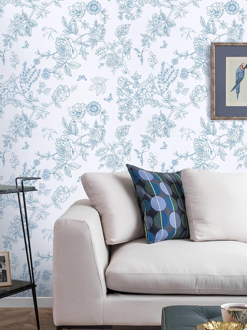 Abyssaly Bird Wallpaper Blue and White Peel and Stick Wall Paper Vintage Floarl Contact Paper Boho Self Adhesive Removable Vinyl Wrap for Bathroom Bedroom Cabinets 17.3" x 118" - Image 4