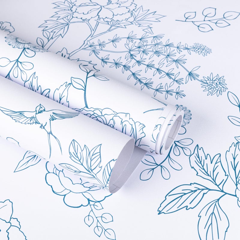 Abyssaly Bird Wallpaper Blue and White Peel and Stick Wall Paper Vintage Floarl Contact Paper Boho Self Adhesive Removable Vinyl Wrap for Bathroom Bedroom Cabinets 17.3" x 118" - Image 1