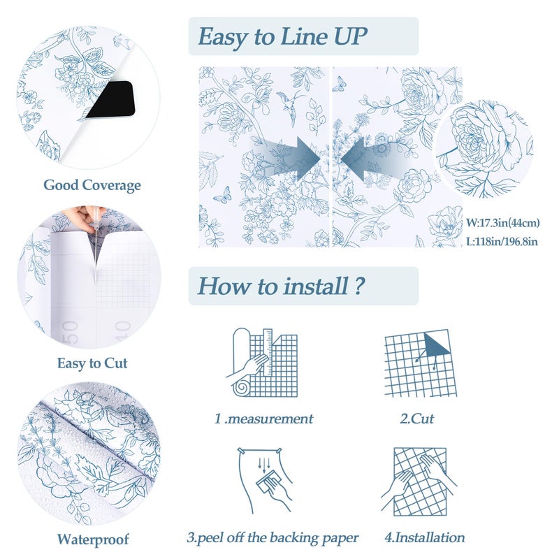 Abyssaly Bird Wallpaper Blue and White Peel and Stick Wall Paper Vintage Floarl Contact Paper Boho Self Adhesive Removable Vinyl Wrap for Bathroom Bedroom Cabinets 17.3" x 118" - Image 5
