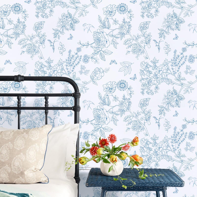 Abyssaly Bird Wallpaper Blue and White Peel and Stick Wall Paper Vintage Floarl Contact Paper Boho Self Adhesive Removable Vinyl Wrap for Bathroom Bedroom Cabinets 17.3" x 118" - Image 3