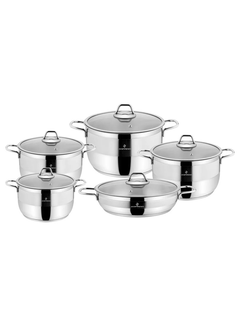 سوفرام طقم قدور سوفرام استيل تركي عالي الجودى غطاء زجاج 10 قطع - Image 2