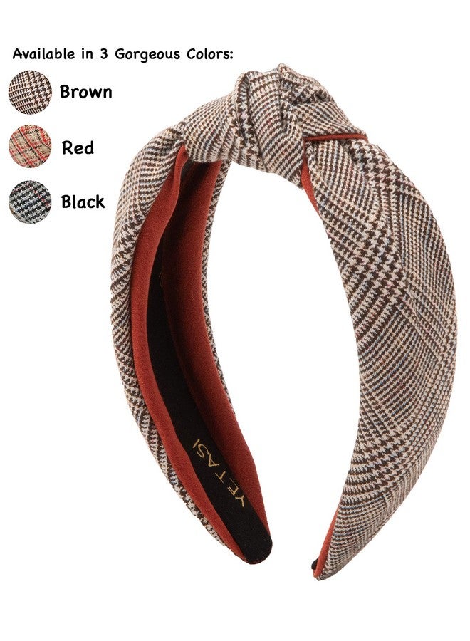 YETASI Brown Women's Headbands - Non-Slip Plaid Knotted Headband with Unique Top Knot Design - Image 2