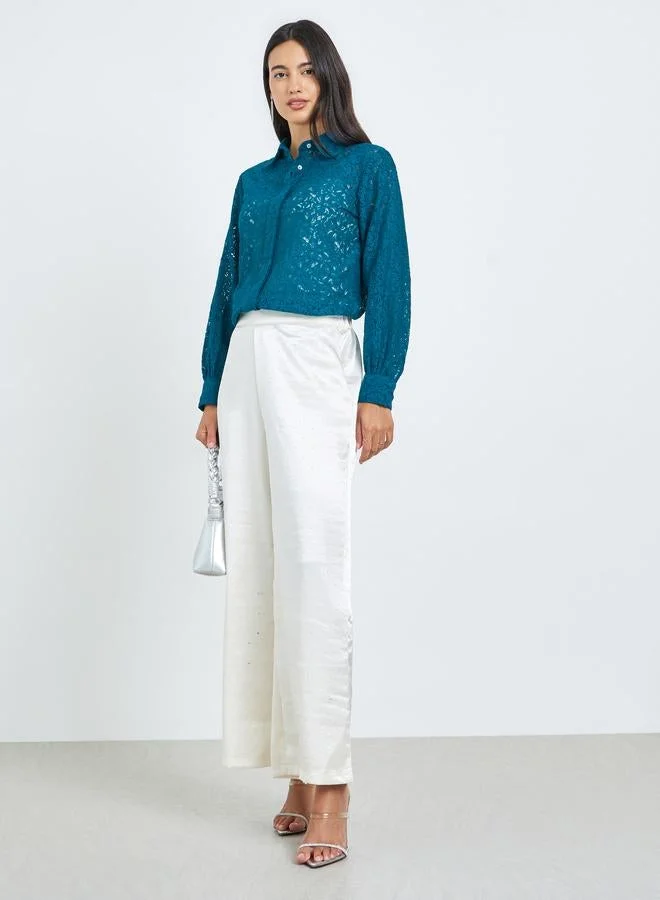 ستايلي Teal Lace Long Sleeve Shirt