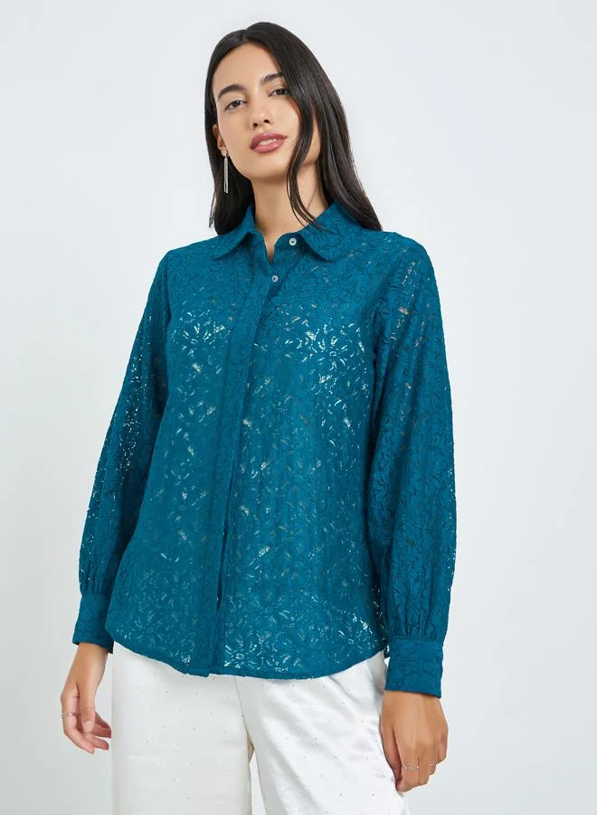 ستايلي Teal Lace Long Sleeve Shirt