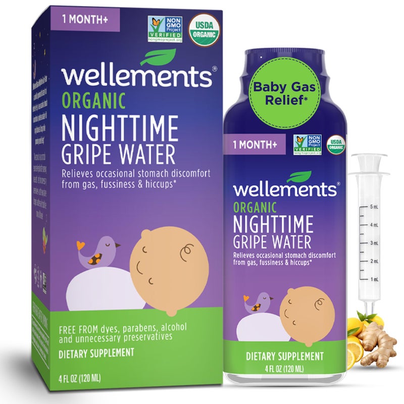 Wellements Organic Nighttime Gripe Water for Babies 1 Month+ (4 Fl Oz) - Baby Gripe Water for Bedtime Relief Gas, Colic  Fussiness - Herbs Promote a Peaceful Night’s Sleep - USDA Certified  Non GMO - Image 1