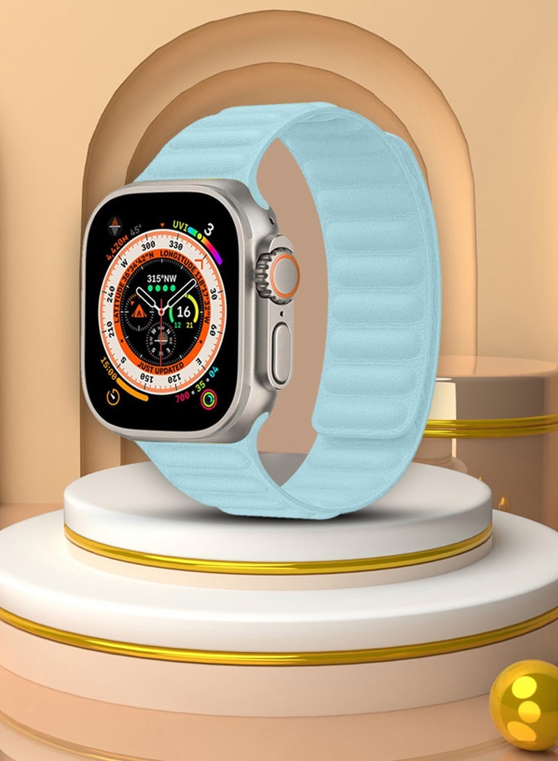 CATANES Replacement Band for Apple Watch Band 49mm 46mm 45mm 44mm -Leather Link Strap Magnetic Loop Adjustable Bracelet - Light Blue - Image 3