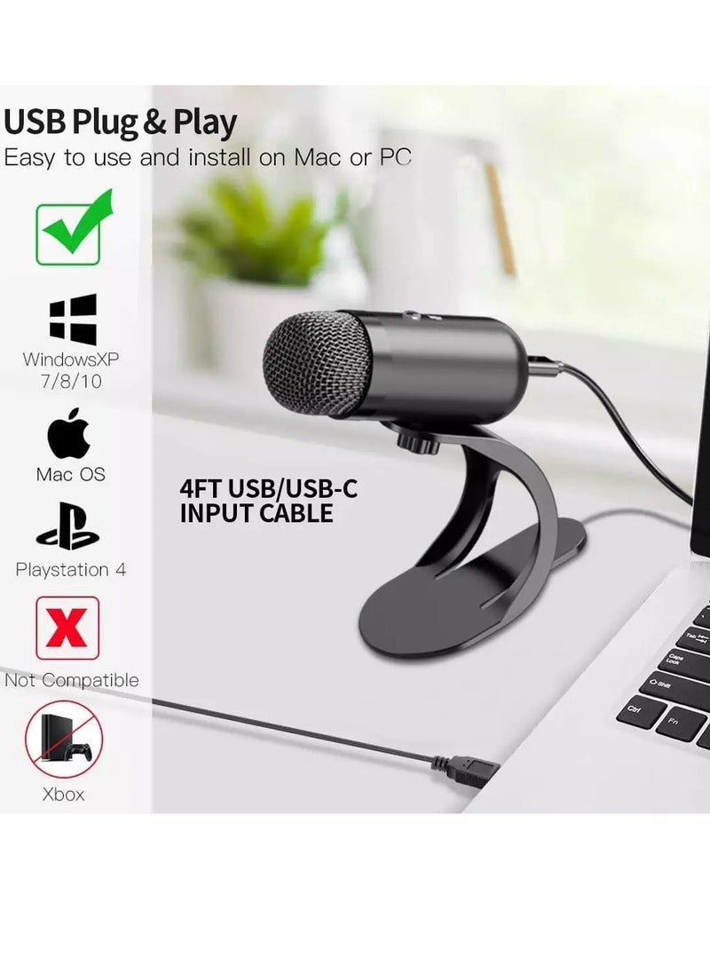 ميكروفون كمبيوتر K6 USB، ميكروفون بودكاست سطح المكتب مع زر كتم الصوت لتسجيل البث، مكثف متعدد الاتجاهات، حامل توصيل وتشغيل مع التحكم في مستوى الصوت للكمبيوتر الشخصي والكمبيوتر المحمول وماك ويوتيوب