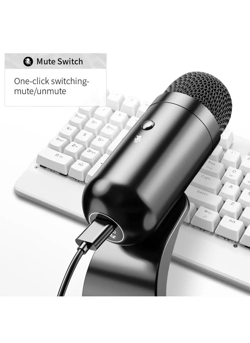 ميكروفون كمبيوتر K6 USB، ميكروفون بودكاست سطح المكتب مع زر كتم الصوت لتسجيل البث، مكثف متعدد الاتجاهات، حامل توصيل وتشغيل مع التحكم في مستوى الصوت للكمبيوتر الشخصي والكمبيوتر المحمول وماك ويوتيوب