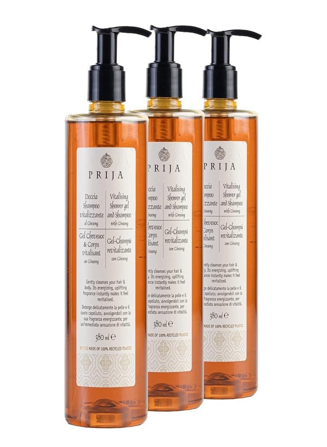 Prija Vitalising 2 in 1 Shower Gel and Shampoo with Ginseng Extract, Hydrating and Energising Hair and Body Wash Gel with Pump Dispenser 3 x 12.85 Fl. Oz - Image 1