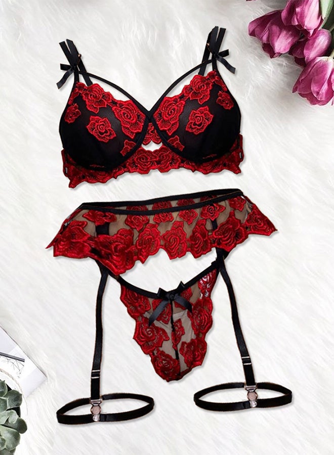 MARGOUN Women’s XL Size Lingerie Padded Underwear and Panty Sets Floral Lace Bra and G-String with Garter Belt Red / XL(Bust 80-110/Waist76-96)  - Image 1