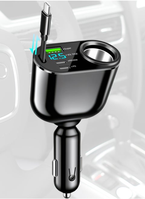 Fast car charger, Retractable Type-C Cable, compatible with 12 V and 24 V, adjustable angle, USB and PD Type-C, suitable for iPhone, iPad, Samsung, Huawei, Xiaomi, OPPO, VIVO and other Android phones