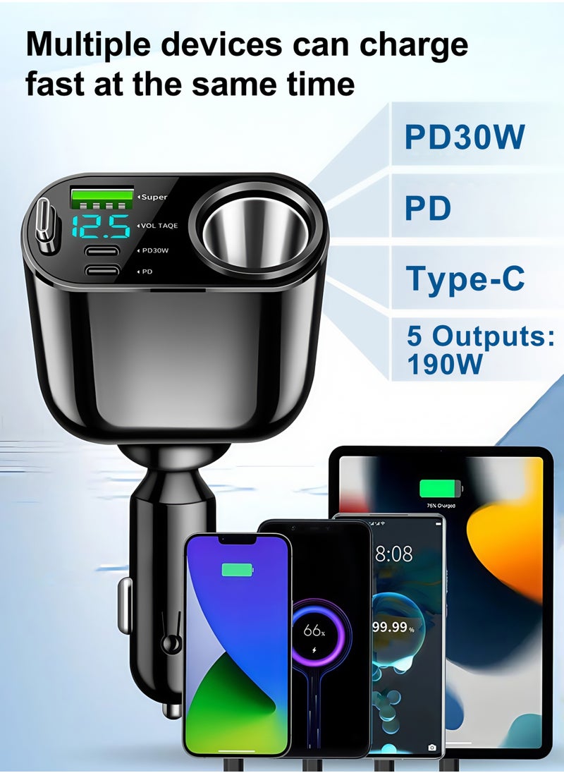 Fast car charger, Retractable Type-C Cable, compatible with 12 V and 24 V, adjustable angle, USB and PD Type-C, suitable for iPhone, iPad, Samsung, Huawei, Xiaomi, OPPO, VIVO and other Android phones