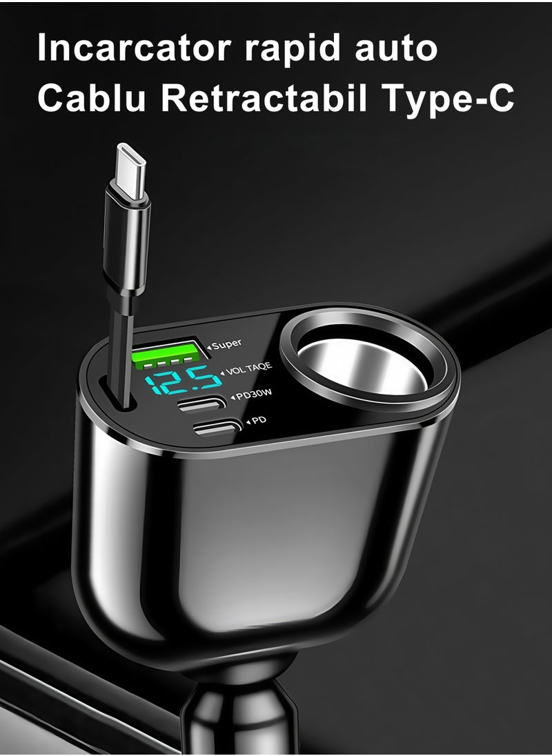 Fast car charger, Retractable Type-C Cable, compatible with 12 V and 24 V, adjustable angle, USB and PD Type-C, suitable for iPhone, iPad, Samsung, Huawei, Xiaomi, OPPO, VIVO and other Android phones