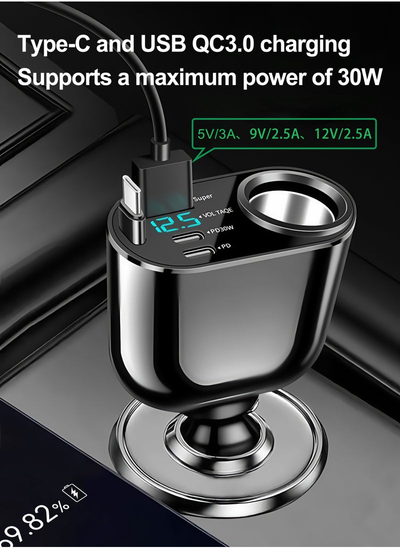 Fast car charger, Retractable Type-C Cable, compatible with 12 V and 24 V, adjustable angle, USB and PD Type-C, suitable for iPhone, iPad, Samsung, Huawei, Xiaomi, OPPO, VIVO and other Android phones