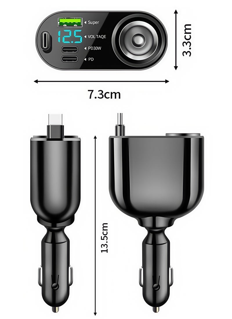 Fast car charger, Retractable Type-C Cable, compatible with 12 V and 24 V, adjustable angle, USB and PD Type-C, suitable for iPhone, iPad, Samsung, Huawei, Xiaomi, OPPO, VIVO and other Android phones