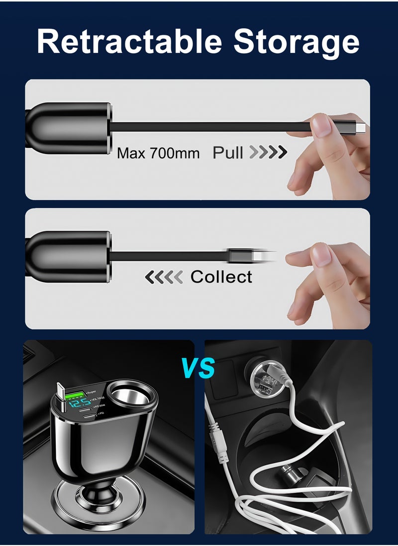 Fast car charger, Retractable Type-C Cable, compatible with 12 V and 24 V, adjustable angle, USB and PD Type-C, suitable for iPhone, iPad, Samsung, Huawei, Xiaomi, OPPO, VIVO and other Android phones