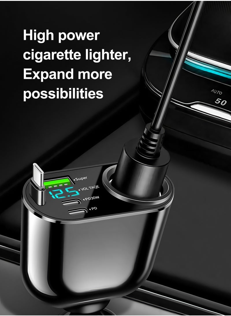Fast car charger, Retractable Type-C Cable, compatible with 12 V and 24 V, adjustable angle, USB and PD Type-C, suitable for iPhone, iPad, Samsung, Huawei, Xiaomi, OPPO, VIVO and other Android phones