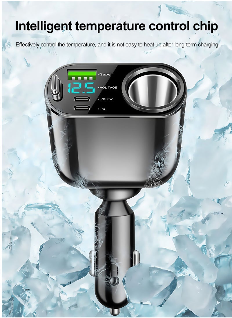 Fast car charger, Retractable Type-C Cable, compatible with 12 V and 24 V, adjustable angle, USB and PD Type-C, suitable for iPhone, iPad, Samsung, Huawei, Xiaomi, OPPO, VIVO and other Android phones