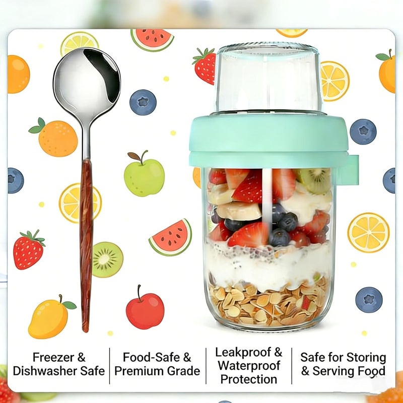 PFUM Overnight Oats Jars with Spoon and Lid 16+4 oz [4 Pack], Airtight Oatmeal Container with Leak-proof Meal Prep Containers Dry and Wet Separation Mason Jars with Lid for Cereal - Image 2