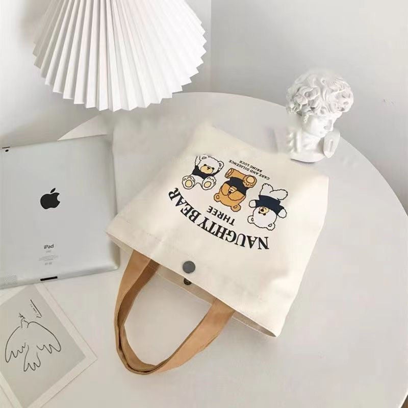 Style Bear Canvas Bag Portable Lunch Bag Cute Cartoon Artistic Handbag Gift Bag For Women - Image 4