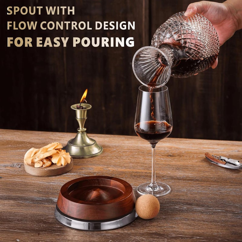 ALLCENER Rotating Wine Decanter Set with Solid Wood Base, Fun Crystal Glass Wine Carafe, Red Wine Decanter, Wine Accessories, Wine Gifts, Perfect for Home Bar (Silver Accents) - Image 3