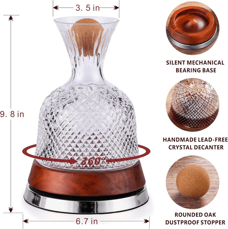 ALLCENER Rotating Wine Decanter Set with Solid Wood Base, Fun Crystal Glass Wine Carafe, Red Wine Decanter, Wine Accessories, Wine Gifts, Perfect for Home Bar (Silver Accents) - Image 4