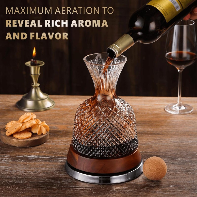 ALLCENER Rotating Wine Decanter Set with Solid Wood Base, Fun Crystal Glass Wine Carafe, Red Wine Decanter, Wine Accessories, Wine Gifts, Perfect for Home Bar (Silver Accents) - Image 2
