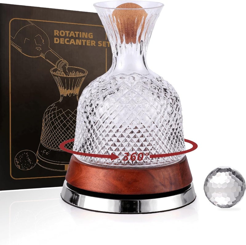 ALLCENER Rotating Wine Decanter Set with Solid Wood Base, Fun Crystal Glass Wine Carafe, Red Wine Decanter, Wine Accessories, Wine Gifts, Perfect for Home Bar (Silver Accents) - Image 1