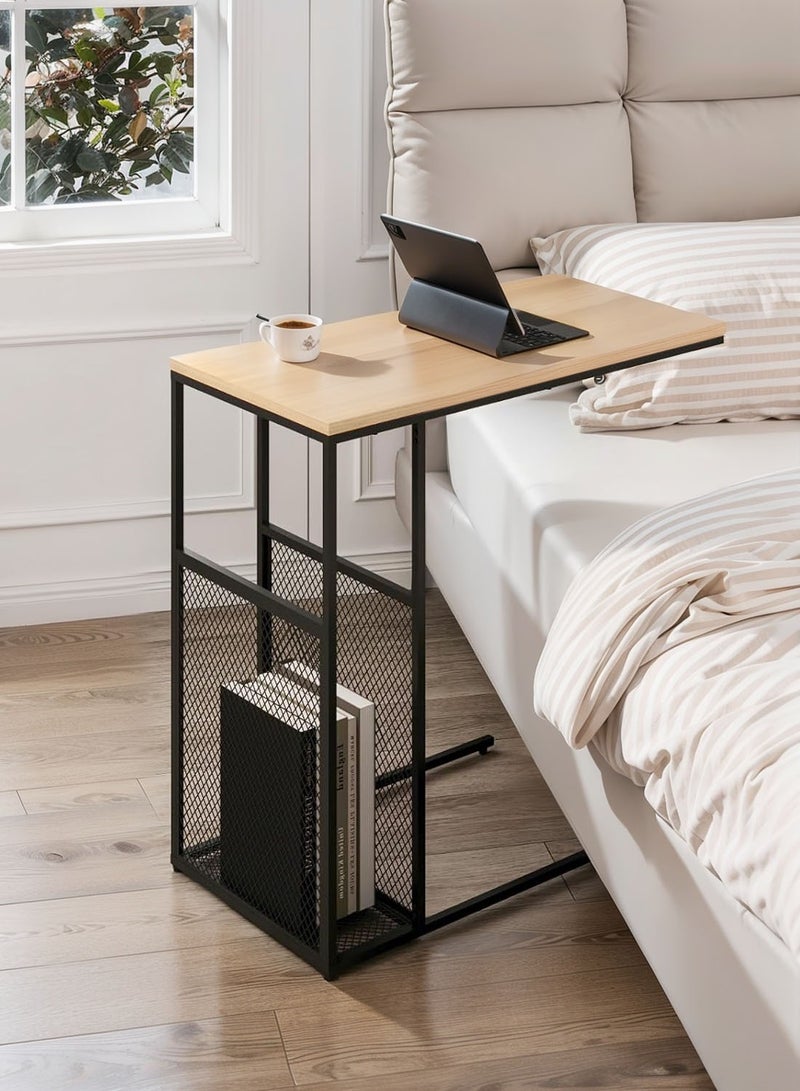 شويوين طاولة جانبية على شكل C مع مساحة تخزين شبكية، سطح خشبي صناعي بإطار معدني، بني وأسود - Image 1