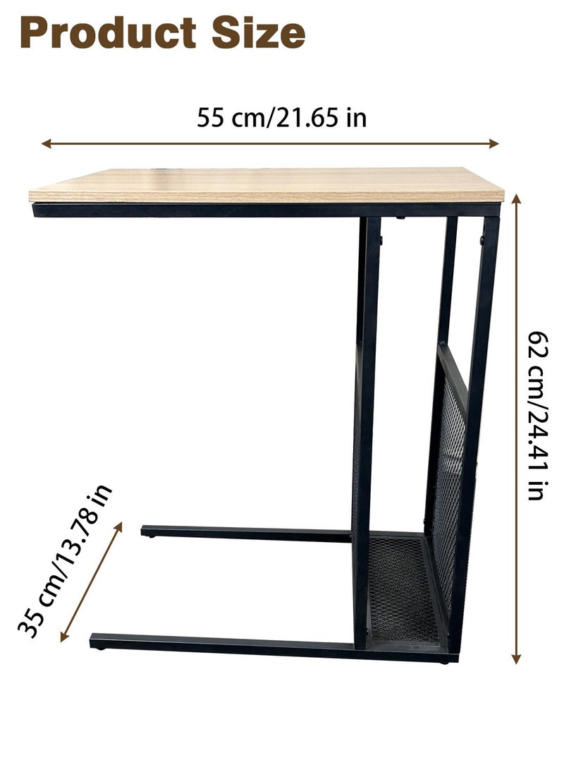 شويوين طاولة جانبية على شكل C مع مساحة تخزين شبكية، سطح خشبي صناعي بإطار معدني، بني وأسود - Image 2