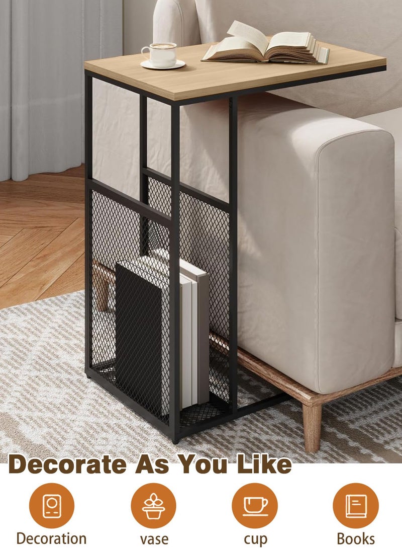 شويوين طاولة جانبية على شكل C مع مساحة تخزين شبكية، سطح خشبي صناعي بإطار معدني، بني وأسود - Image 4
